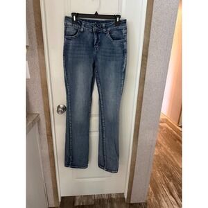 Wired Heart Womens Embellished Bootcut Jeans Medium Wash Blue Size 29 Rhinestone